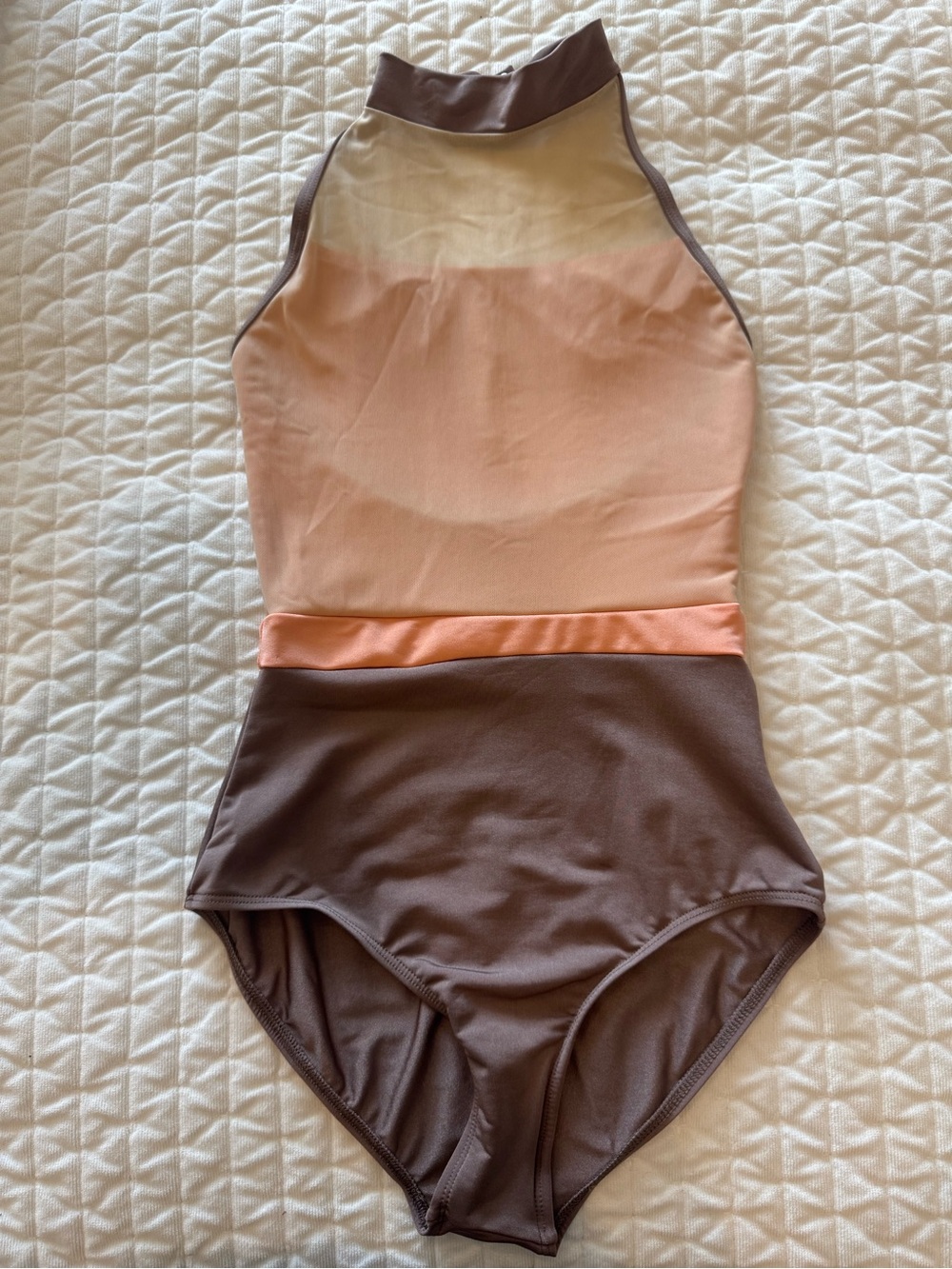 Mariia Crown Colorblock High-Neck Leotard in Mocha and Peach